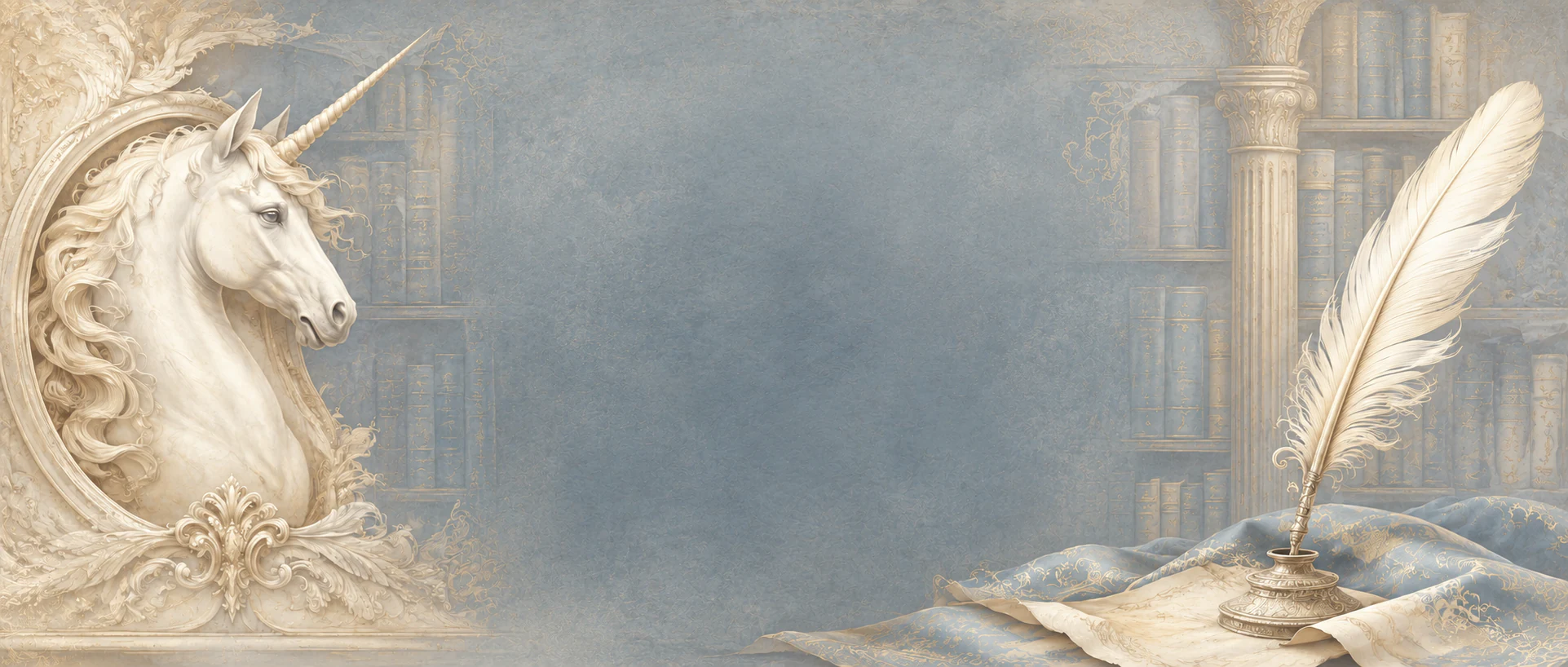 Une licorne ivoire et une plume dans une bibliothèque aux couleurs pastel